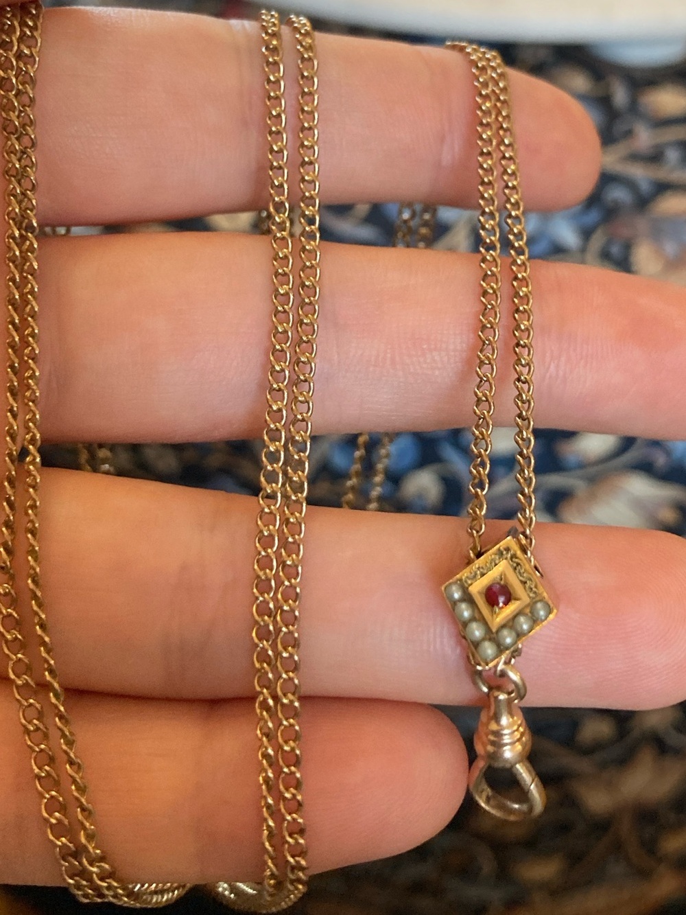 Antique Victorian 1/10 Gold Seed Pearl & Garnet Paste Watch Chain Necklace - Picture 14 of 14